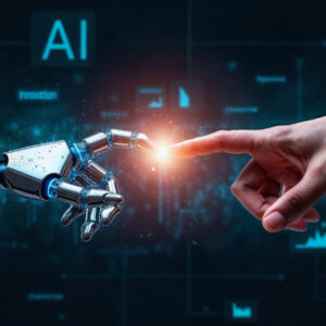Slika prikazuje robotsko roko in človeško roko, ki se dotikata s konicama prstov, kar simbolizira povezavo med človekom in umetno inteligenco.