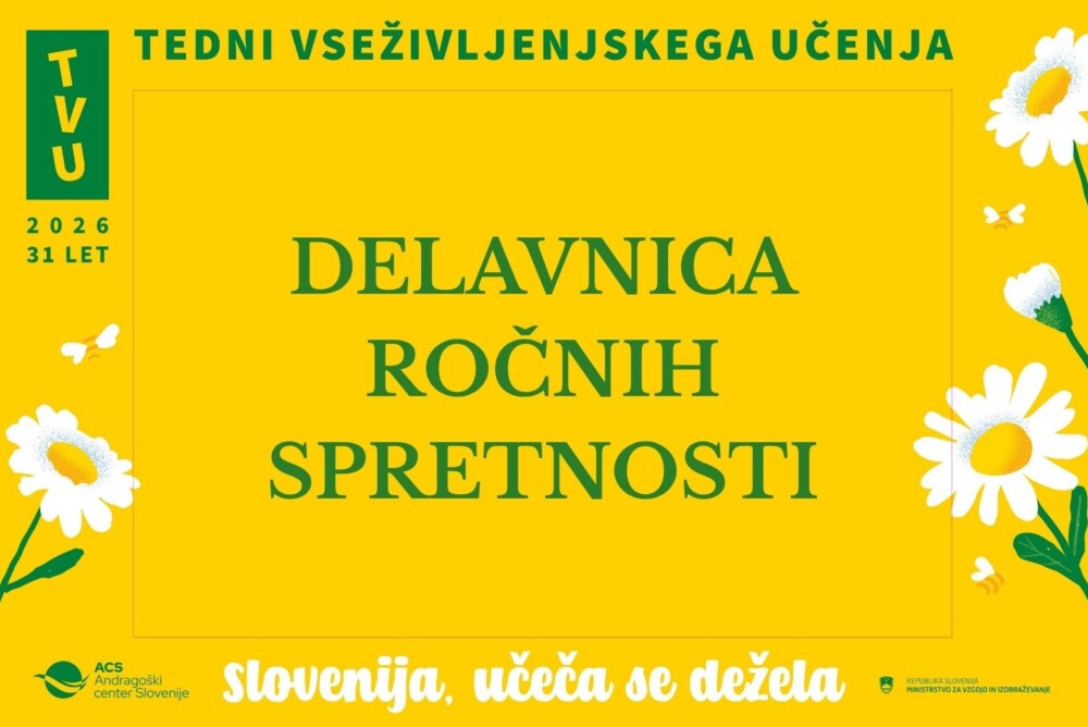 Napis na rumenem ozadju: Delavnica ročnih spretnosti.