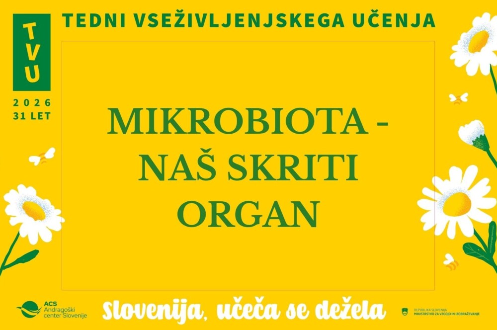 Napis na rumenem ozadju: Mikrobiota- naš skriti organ.