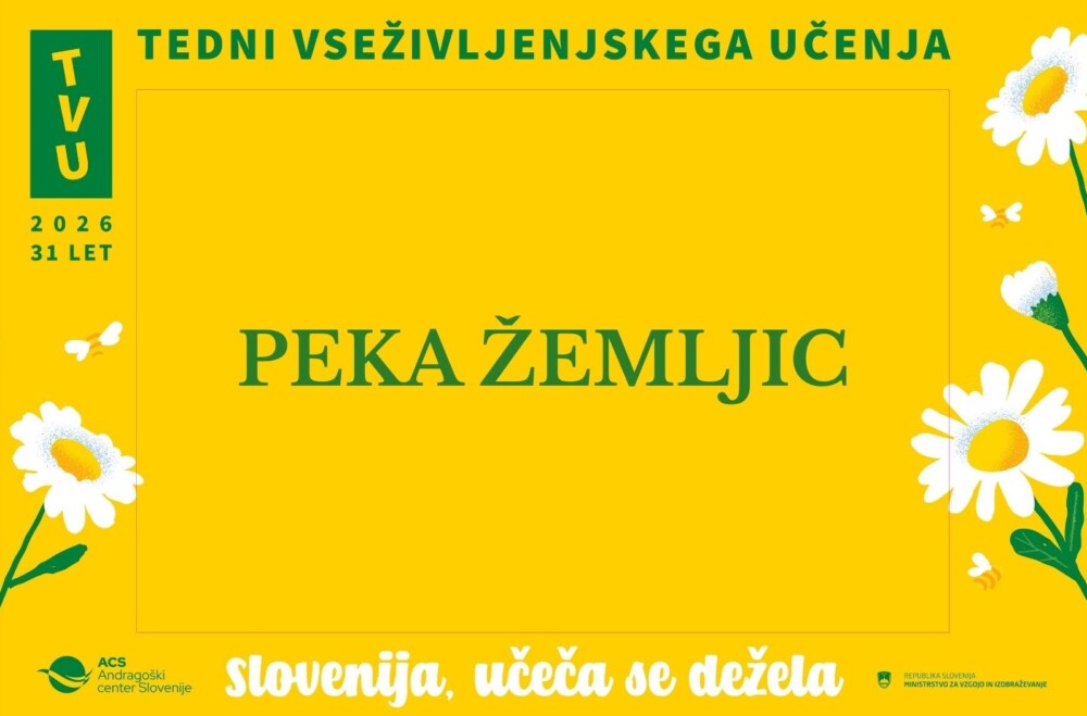 Napis na rumenem ozadju: Peka žemljic.