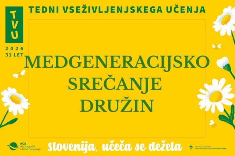 Napis na rumenem ozadju: Medgeneracijsko srečanje družin.
