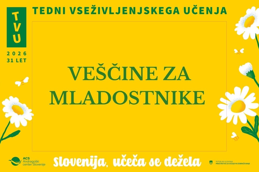 Napis na rumenem ozadju: Veščine za mladostnike.