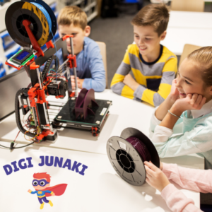Fotografija otrok okoli 3d printera. Na sliki je napis DIGI JUNAKI, pod napisom je animirana slika superjunaka.