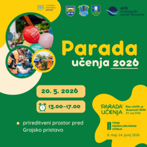 Zelen plakat z napisom Parada učenja 2026. 20.5.2026 od 13.00 do 17.00