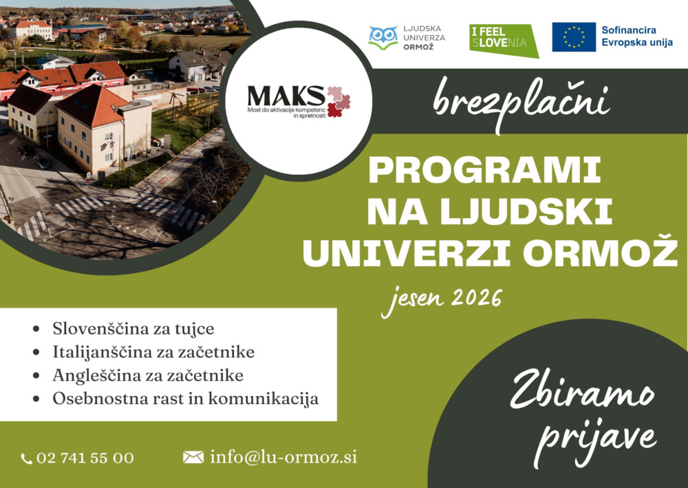 Tečaji – TK (21) Plakat, na katerem je zgornjem levem kotu fotografija Ljudske univerze Ormož. Plakat napoveduje brezplačne programe na Ljudski univerzi Ormož v jeseni 2026.