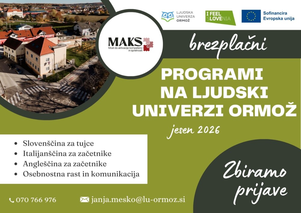 Plakat, na katerem je zgornjem levem kotu fotografija Ljudske univerze Ormož. Plakat napoveduje brezplačne programe na Ljudski univerzi Ormož v jeseni 2026.