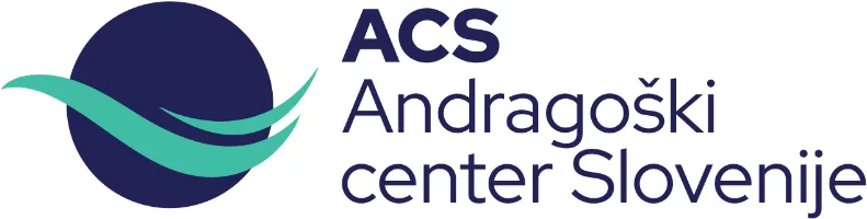 Logotip Andragoškega centra Slovenije. Napis ter prikaz temno modrega krog preko katerega se vijejo turkizni valovi.